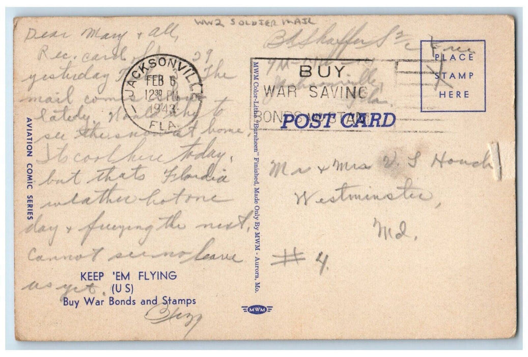1943 Boy Airplane Pilot Hostess WW2 Soldier Mail Jacksonville FL Posted Postcard