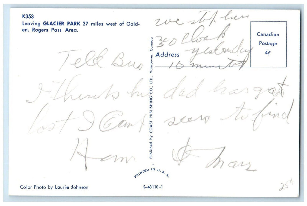 c1960 Leaving Glacier Park 37 Miles Golden Rogers Pass Area Montana MT Postcard