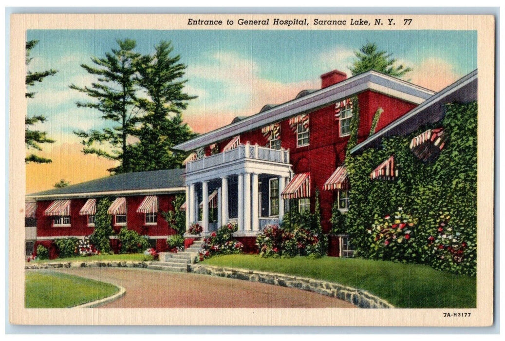 c1940 Entrance General Hospital Exterior Building Saranac Lake New York Postcard