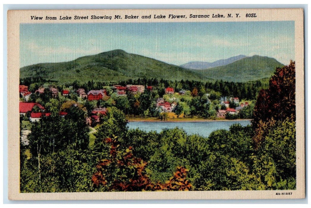 c1940 View Lake Showing Mt. Baker Lake Flower Saranac Lake New York NY Postcard