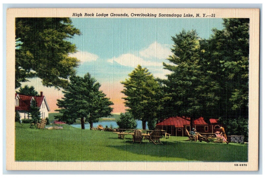 c1940 High Rock Lodge Grounds Overlooking Field Sacandaga Lake New York Postcard