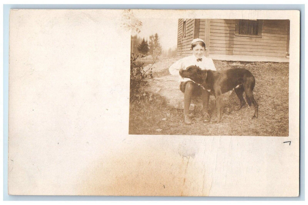 c1910s Jewish Boy Child Yarmulke Candid  Labrador Dog Bowtie RPPC Photo Postcard
