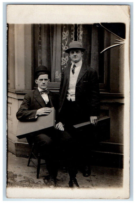 1909 Studio Men Bowler Hat Briefcase Oak Hill Ohio OH RPPC Photo Postcard