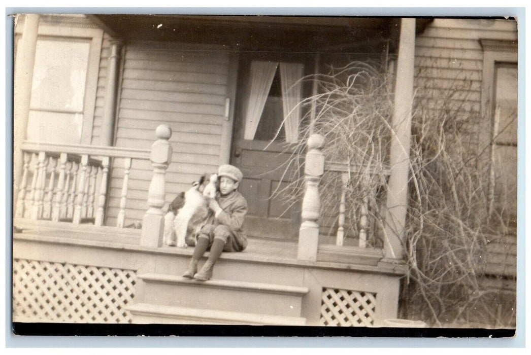 c1910's Candid Child Boy Dog Porch Hat Cap Friends RPPC Photo Unposted Postcard