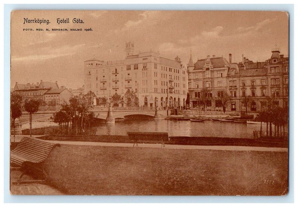 1908 Norrkoping Hotel Gota Bridge River Ostergotland Sweden Posted Postcard