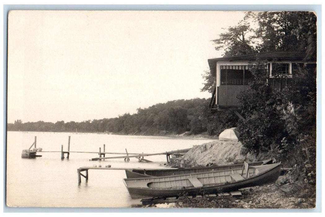 1910 Lake Waubesa Cottage Canoe Pier McFarland Wisconsin WI RPPC Photo Postcard