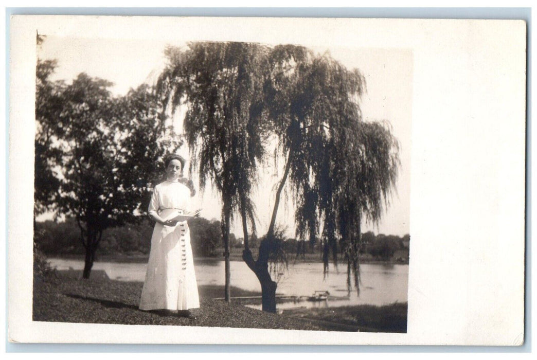 c1910s Candid Woman Book Lake Windsor Rainbow Connecticut CT RPPC Photo Postcard