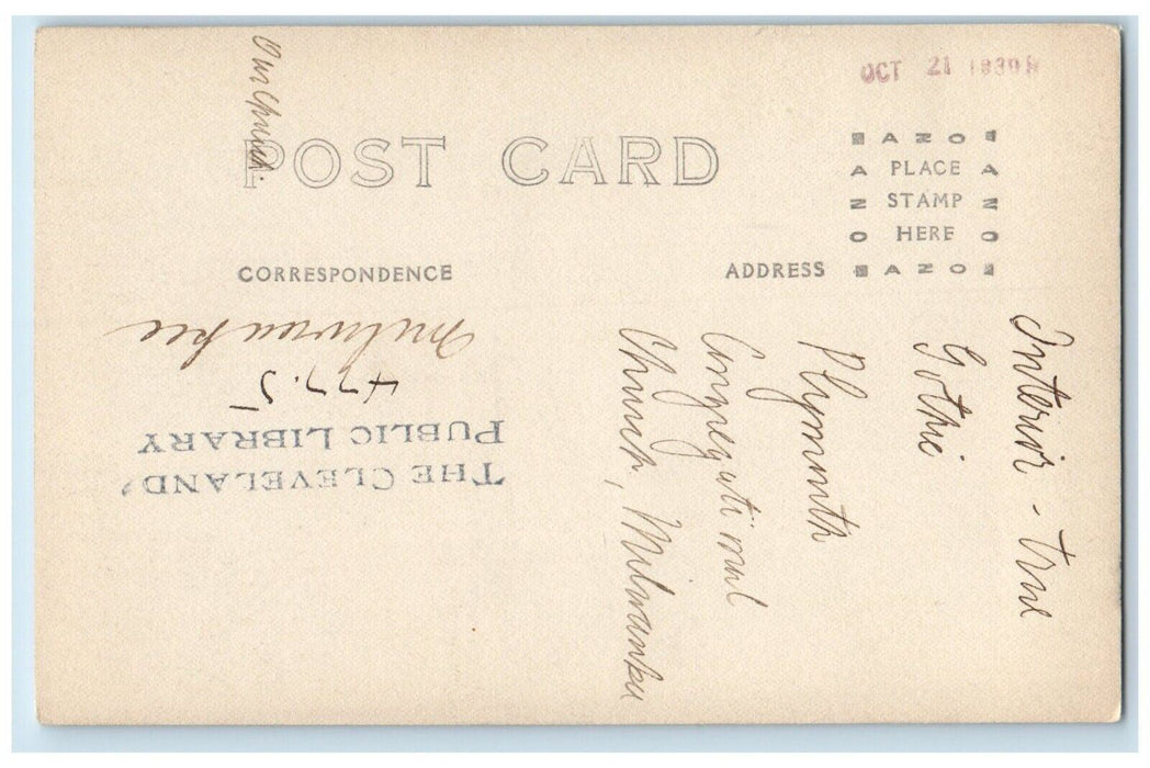 c1930's Plymouth Congregational Church Interior Milwaukee WI RPPC Photo Postcard