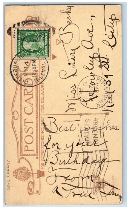 c1910's Happy Birthday Message Arts Crafts Pittsburg Pennsylvania PA Postcard