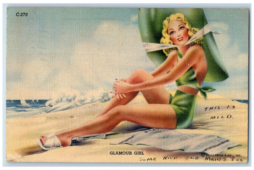 1942 Sexy Glamour Girl At The Beach Ocean City New Jersey NJ Antique Postcard
