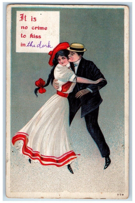 c1910s Sweet Couple Dancing It Is No Crime To Kiss In The Dark Embossed Postcard