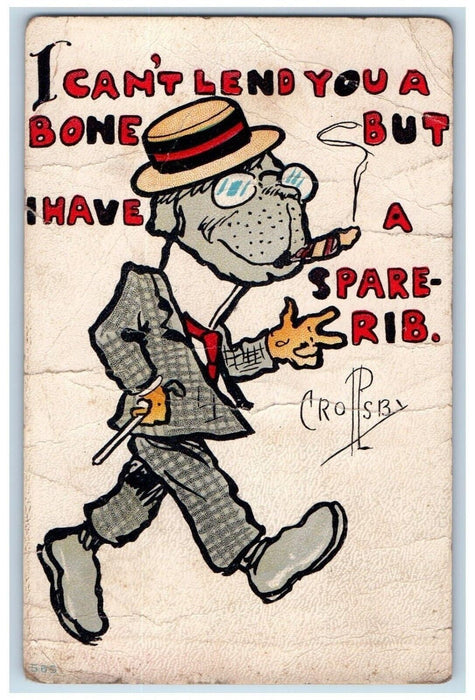 c1910's Anthropomorphic Dog Cigar Smoke Checkered Suit Crolpsbi Antique Postcard