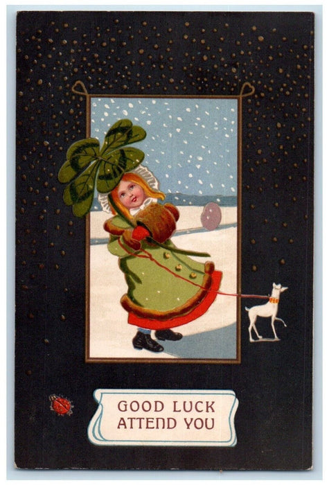1908 Little Girl With Dog Shamrock Winter Snowfalls Ladybug Antique Postcard