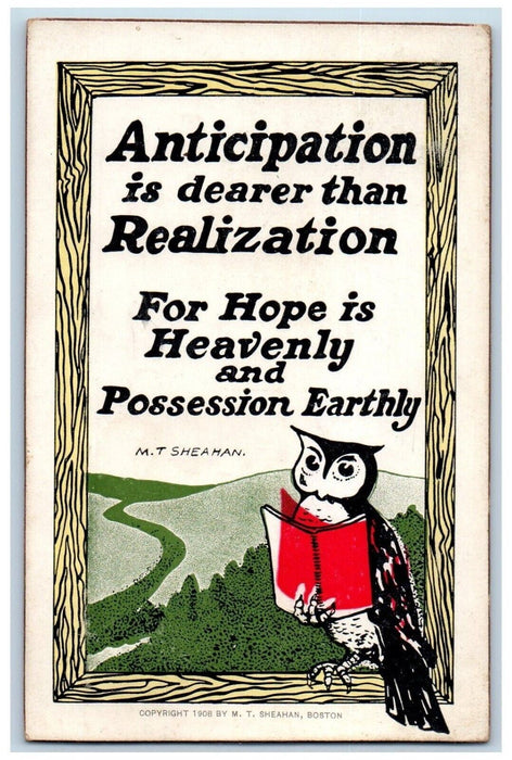 1910 Owl Book Anticipation Is Dearer Than Realization Indianapolis IN Postcard