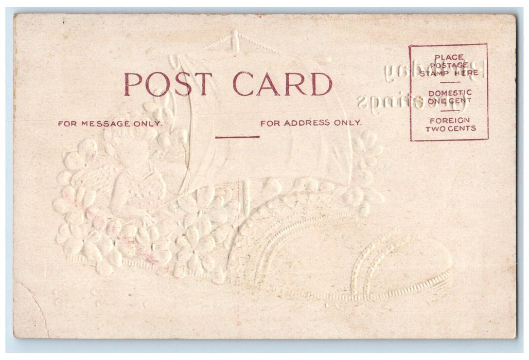 c1910's Birthday Greetings Girl Shoe Boat Pansies Flowers Embossed Postcard