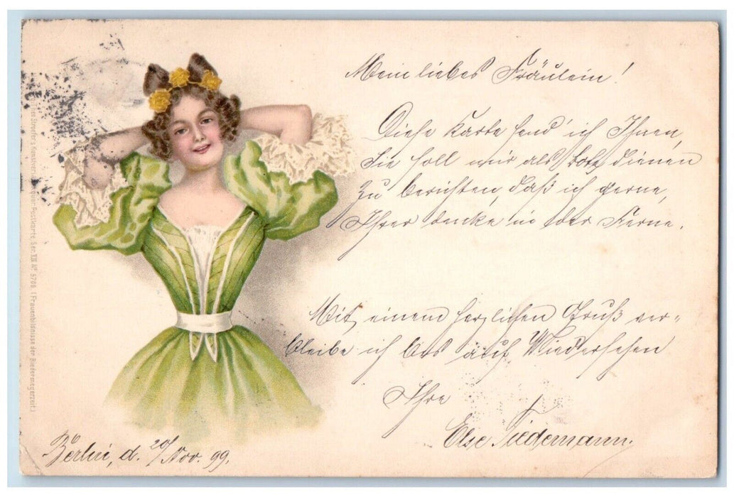 1899 Beautiful Girl Green Dress Curly Hair Berlin Germany Antique Postcard