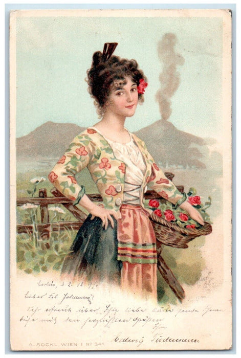 1899 Beautiful Girl Flowers In Basket Mountain Berlin Germany Antique Postcard