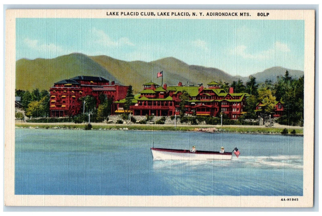 c1940's Motorboat at Lake Placid Club Adirondack Mountains New York NY Postcard