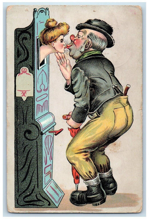 c1910's Old Man Kissing Woman Umbrella Carnival Game Posted Game Postcard