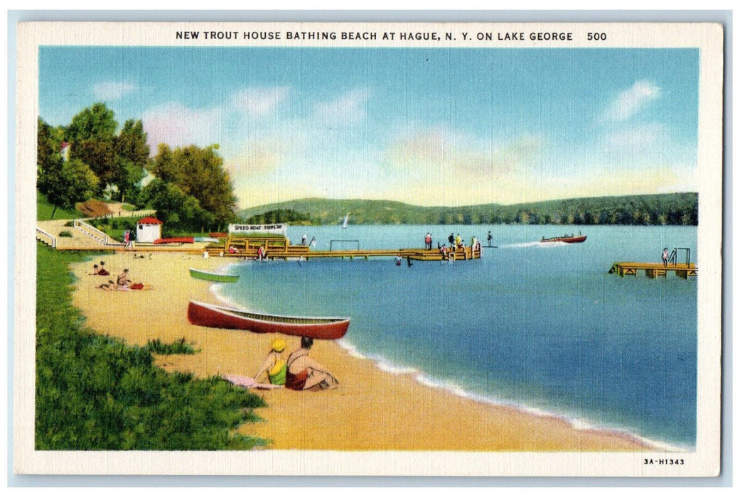 c1930's Boats on New Trout House Bathing Beach at Hague Lake George NY Postcard