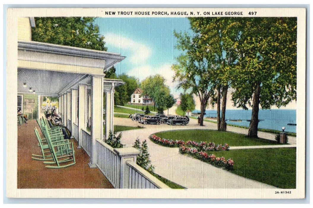 c1930's New Trout House Porch Hague Lake George New York NY Postcard