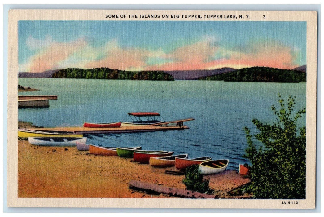 c1930's Boat Scene Some of Islands on Big Tupper Tupper Lake NY Postcard