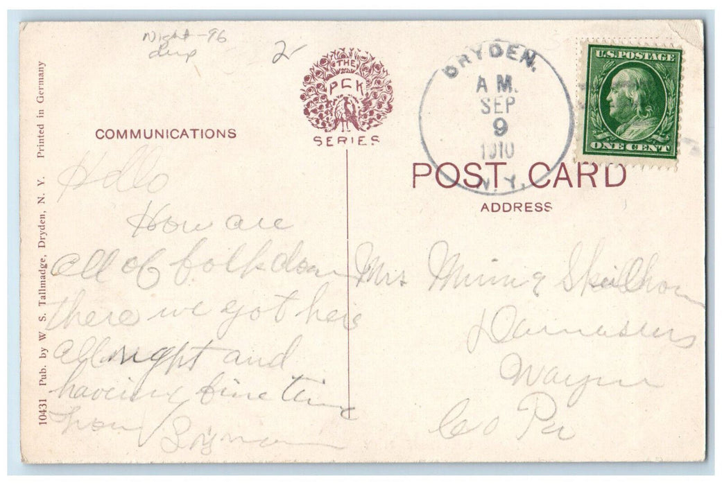 1910 Main Street Dryden New York NY Antique Posted PCK Series Postcard