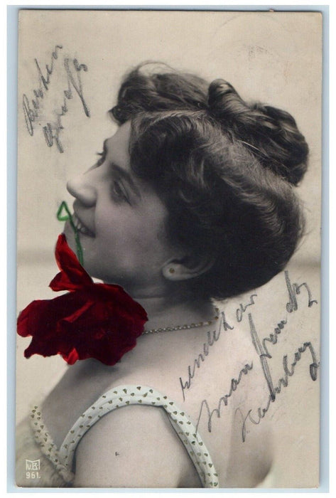 c1910's Pretty Woman Red Flowers Bite Hamburg Germany RPPC Photo Postcard