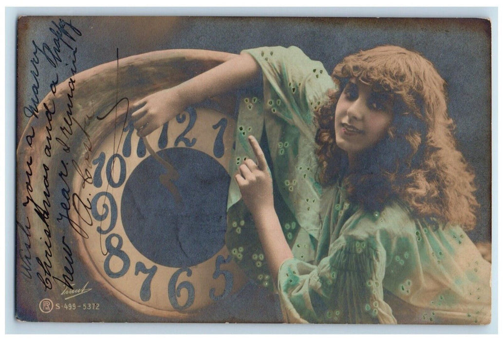 c1905 Pretty Woman Curly Hair Clock New Years RPPC Photo Antique Postcard
