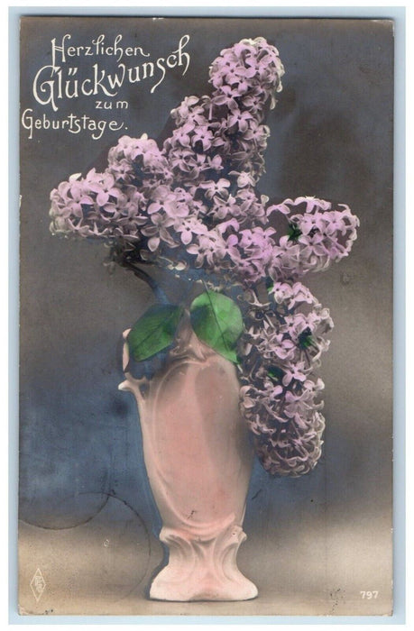 c1910's Birthday Purple Flowers Vase Berlin Germany RPPC Photo Antique Postcard