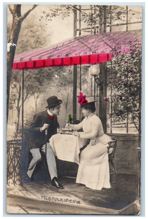 1907 Sweet Couple German Cafe Restaurant RPPC Photo Posted Antique Postcard
