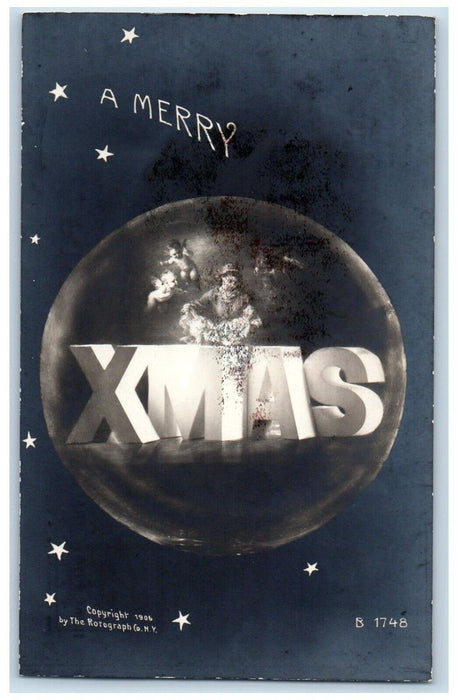 c1905 Merry Xmas Moon Stars Large Letters RPPC Photo Unposted Antique Postcard