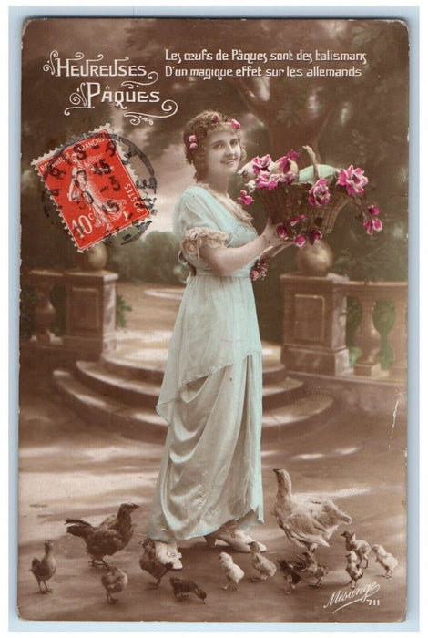 1915 Happy Easter Pretty Woman Flowers Basket Chicken Chicks RPPC Photo Postcard