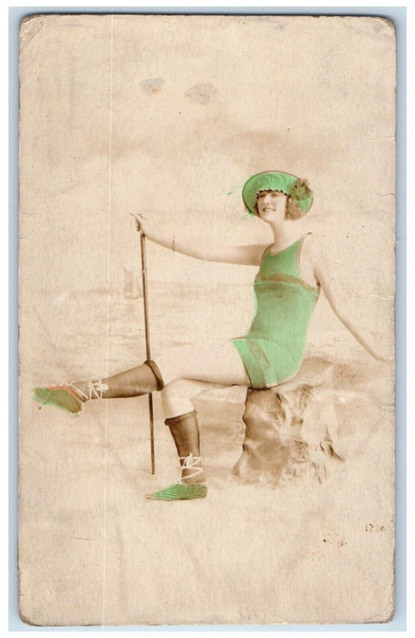 1920 Pretty Woman Swimsuit Stockings Studio Portrait RPPC Photo Antique Postcard