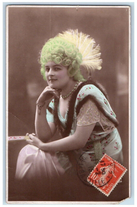 1915 Pretty Woman Colored Hair Tinted Studio Portrait France RPPC Photo Postcard