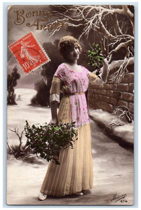 1914 Happy New Year Pretty Woman Tinted France RPPC Photo Antique Postcard