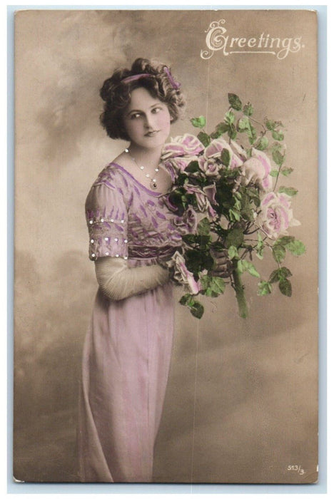 c1910's Birthday Greetings Pretty Girl Flowers Tinted RPPC Photo Posted Postcard