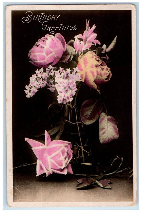 1907 Birthday Greetings Flowers  Still Life Hanover PA RPPC Photo Postcard