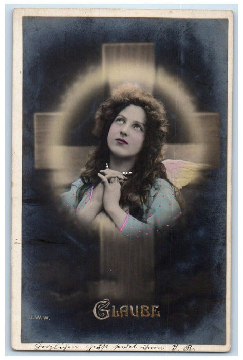 c1905 Pretty Woman Praying Cross Believe Religious RPPC Photo Antique Postcard