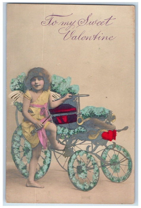 1908 Valentine Hearts Little Angel Car Pansies Flowers RPPC Photo Postcard