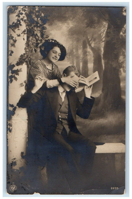 c1905 Sweet Couple Pretty Woman Guess Who Romance RPPC Photo Antique Postcard
