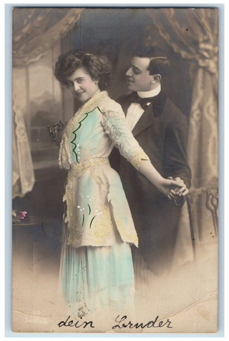 1910 Sweet Couple Dancing Studio Portrait Latvia RPPC Photo Antique Postcard