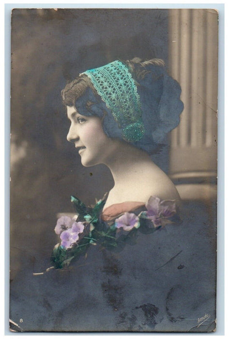 c1910's Pretty Woman Sleeveless Flowers Russia Lativia RPPC Photo Postcard
