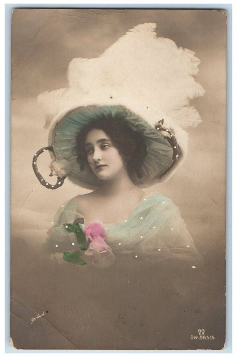 Pretty Woman Big Hat Flowers Studio Portrait Russia Lativia RPPC Photo Postcard