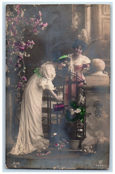 c1910's Pretty Girls Flowers Watering Russia Lativia RPPC Photo Antique Postcard