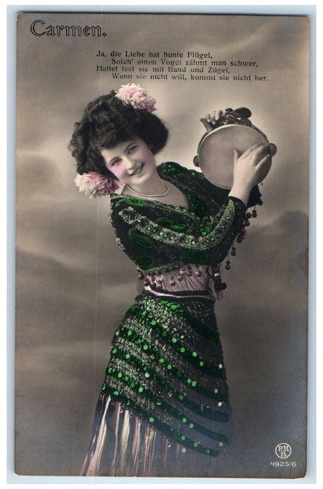 Carmen Pretty Women Tambourine Studio Portrait German Gypsie RPPC Photo Postcard