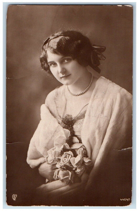 c1910's Pretty Woman Flowers Studio Portrait RPPC Photo Posted Antique Postcard