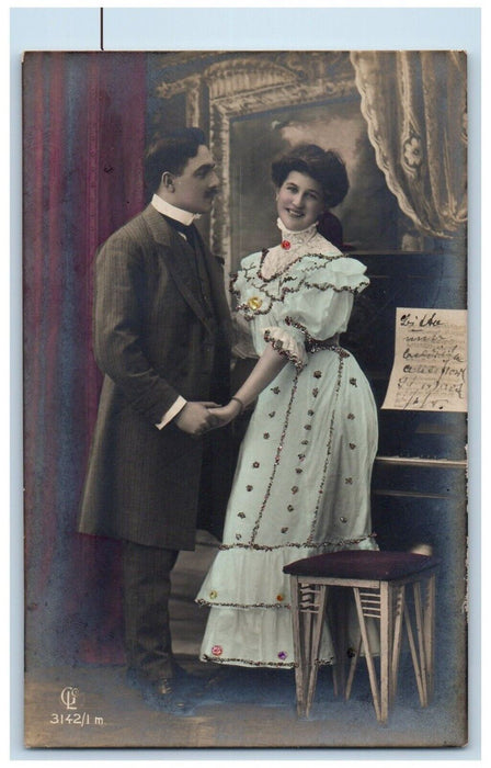 c1910's Couple Pretty Woman Organ Latvia Russia RPPC Photo Antique Postcard