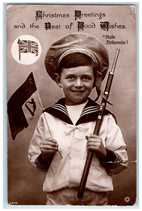1914 Christmas Greetings Boy Holding Flag Rule Britannia UK RPPC Photo Postcard