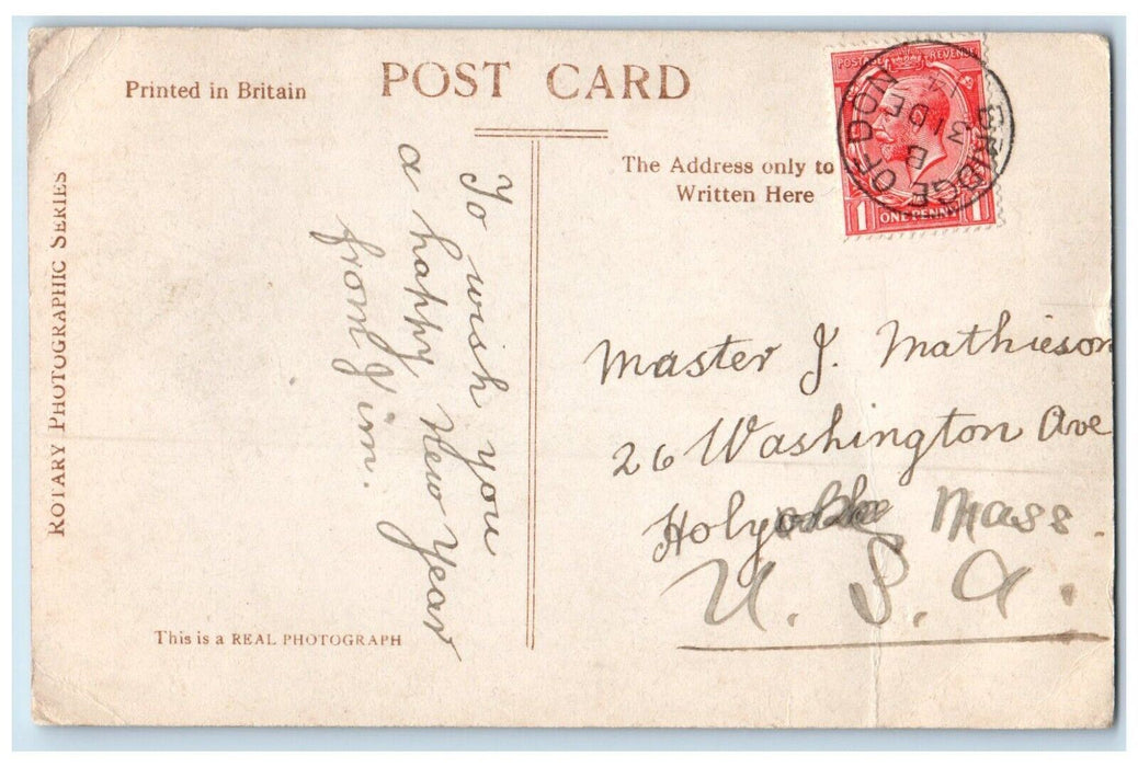 1914 Christmas Greetings Boy Holding Flag Rule Britannia UK RPPC Photo Postcard